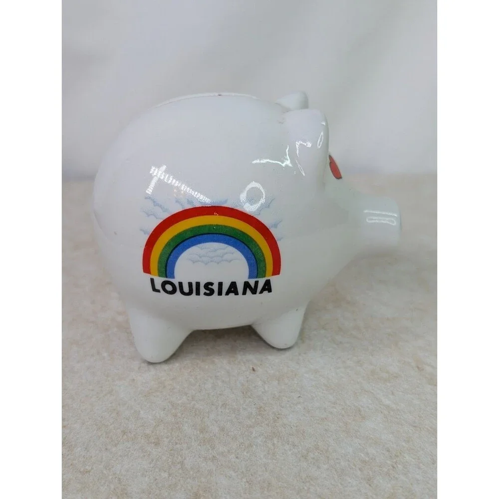 Vintage Porcelain Louisiana Souvenir Piggy Bank with Rainbow & Red Hearts